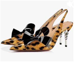 YDN Leopard Pointed Toe Slingback Slip on Dress Pumps Stiletto Heels Bow Sandals